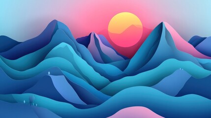 Wall Mural - a vibrant digital landscape featuring stylized mountains and a sunset in pastel colors.
