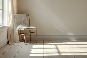 Poster - Warm sunlight fills the room, highlighting wooden floors and a cozy chair draped with soft fabric, creating a serene and inviting atmosphere perfect for relaxation