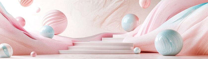 Poster - A gentle pathway navigates through abstract shapes in pastel colors, inviting contemplation and reflection. Floating spheres evoke a sense of tranquility and hope