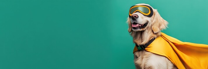 Canvas Print - A playful dog wearing a superhero cape and goggles against a green background.