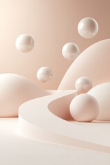Poster - A gentle pathway winds through floating abstract shapes and spheres in soft pastel hues, symbolizing a tranquil journey toward mental wellness against a calming gradient backdrop
