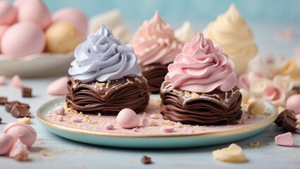 A plate of decadent chocolate brownies stacked on a decorative white lace doily,