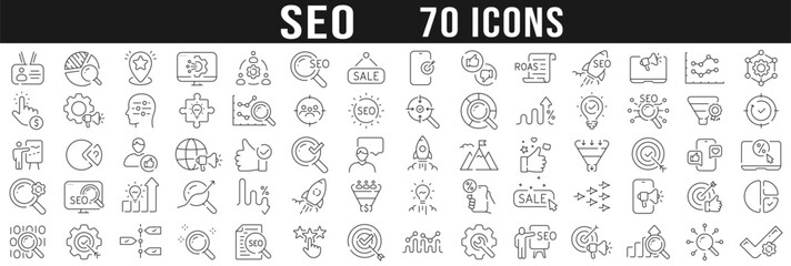 Big set of SEO related line icons. Search, marketing, research, optimize etc. Editable stroke