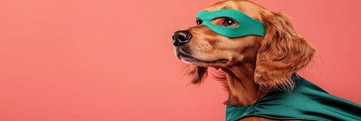 Canvas Print - A dog wearing a superhero mask and cape against a pink background.