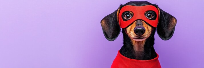 Canvas Print - A dog dressed as a superhero with a red mask and cape against a purple background.