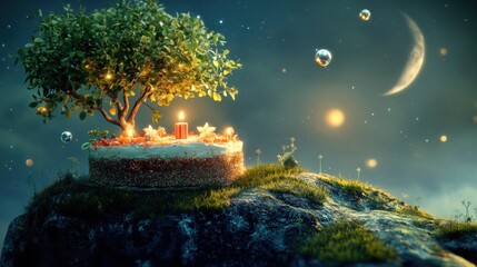 Wall Mural - a whimsical cake on a grassy rock under a starry sky, featuring a tree and glowing bubbles.