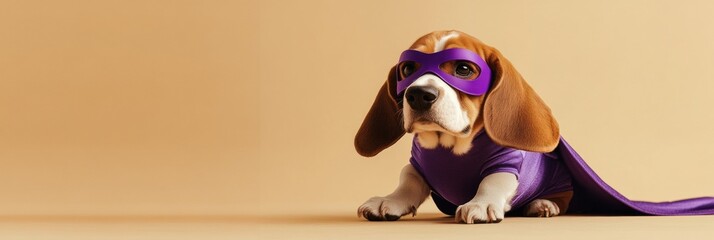 Canvas Print - A beagle dressed as a superhero, wearing a purple mask and cape, posed against a light background.