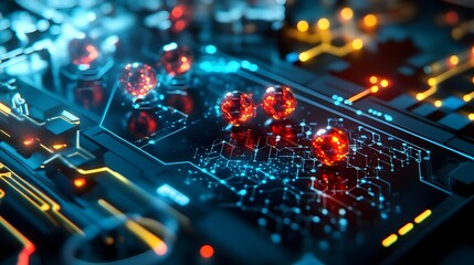 Poster - Abstract Futuristic Technology Background Red Blue Neon Glowing Circuit Board Digital Network Sphere Innovation Science Data Cyberpunk Style Modern   