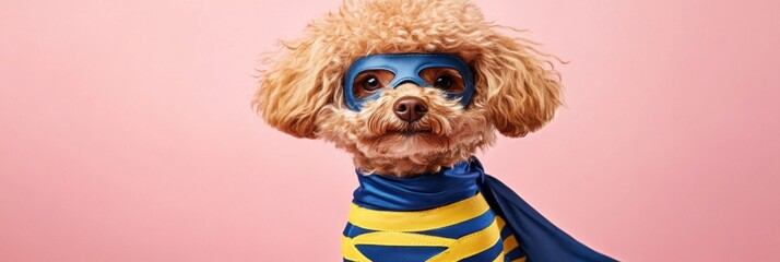 Canvas Print - A playful dog dressed as a superhero with a blue mask and cape against a pink background.