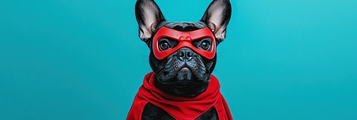 Canvas Print - A French Bulldog dressed as a superhero with a red mask and cape against a blue background.