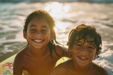 Wall Mural - two diversity cool kids surfing smile photography swimming.