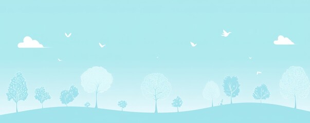 Wall Mural - a minimalist landscape with trees, birds, and clouds against a soft blue background.