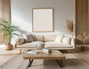 Wall Mural - New Mock up frame in home interior background, cozy room with natural wooden furniture.