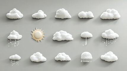 a collection of weather icons, including sun, clouds, and rain, in minimalist style.