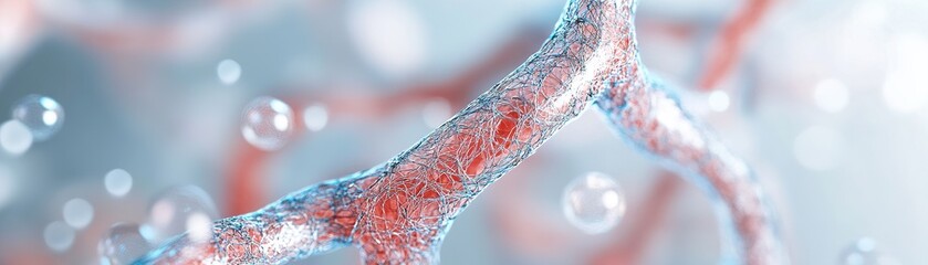 Poster - Glowing veins resembling human blood vessels branch out in vibrant red and blue tones, set against a soft white gradient background adorned with luminous particles, offering space for overlay