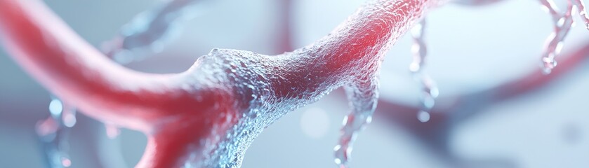 Poster - Glowing veins show intricate patterns resembling human blood vessels, branching out in vibrant red and blue tones against a soft white gradient. Ample space allows for text overlay