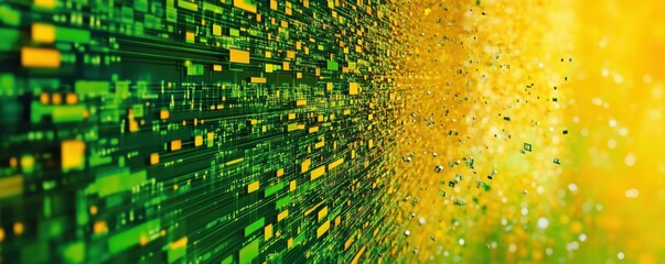 Poster - Abstract digital data stream with green and yellow geometric patterns