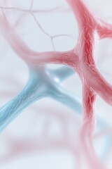 Poster - Glowing veins in red and blue hues branch out on a soft white gradient background, creating an ethereal effect with luminous particles, ideal for text placement and professional use
