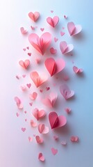 Poster - A cascade of pink paper hearts appears to drift upward, creating a dreamy atmosphere. The delicate hues blend harmoniously against a gentle pastel background, evoking feelings of joy and romance