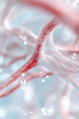 Poster - Abstract glowing veins twist and branch out in vivid red and blue against a soft white gradient background, creating a clean, professional look with glowing particles
