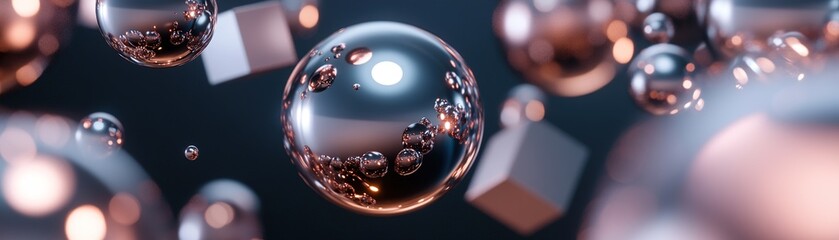 Poster - Abstract metallic spheres and cubes levitate gracefully in mid-air, surrounded by vibrant neon light trails. The dark gradient background creates a striking contrast, ideal for branding