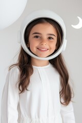 Wall Mural - A young girl is wearing a white dress and a white helmet. She is smiling and looking at the camera. Concept of playfulness and innocence, as the girl is dressed up like a space explorer