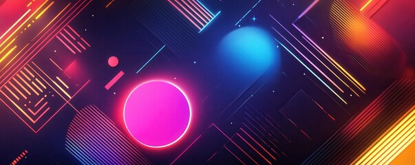 Poster - Vibrant geometric neon shapes in abstract digital art with glowing colors