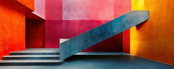 Poster - Vibrant geometric architecture with bold colored staircase and walls