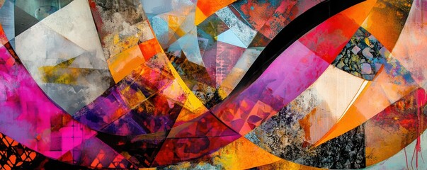 Poster - Vibrant abstract geometric painting with colorful patterns and textures