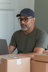 Wall Mural - A man wearing a hat and glasses is sitting at a desk with a laptop. He is looking at the laptop screen