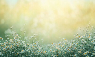 Sticker - idyllic isolated daisy meadow in springtime on green blurred background, sunshine on blossoms of daisies, cheerful floral easter concept