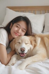 Sticker - A woman is laying on a bed with a dog on her lap. The dog is smiling and he is happy. The woman is also smiling and she is enjoying the moment. Concept of warmth and happiness