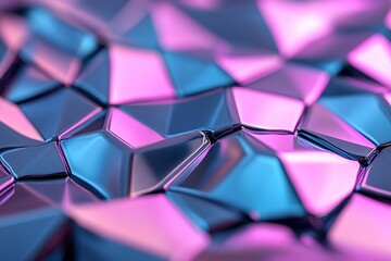 Poster - A close view of a faceted metallic surface illuminated by glowing pink and cyan neon lights, creating vivid reflections against a dark background. The intricate patterns enhance the dramatic effect