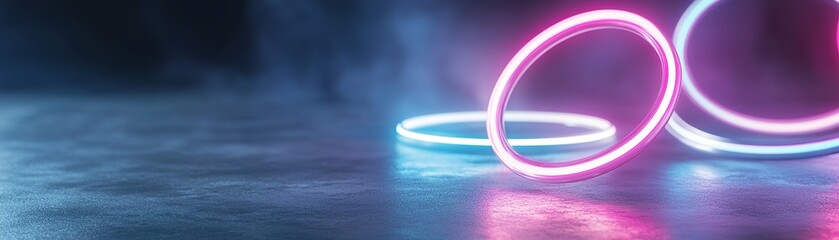 Poster - Concentric neon rings in blue, pink, and purple float above a reflective metallic floor. Soft glowing light enhances the dark, atmospheric background, creating a striking visual experience