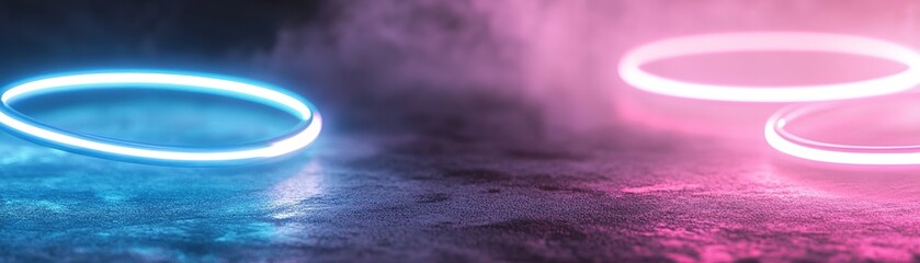 Poster - Vibrant concentric rings of blue, pink, and purple float above a metallic floor, reflecting soft glowing light. The dark background enhances the striking neon colors, creating a futuristic ambiance