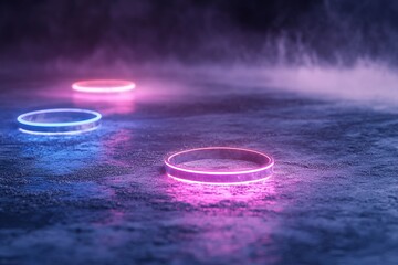 Poster - Concentric neon rings in blue, pink, and purple float above a reflective metallic floor, casting soft glowing light and subtle reflections in a dark, atmospheric environment