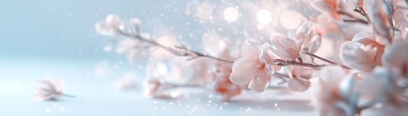 Poster - Delicate pink cherry blossom flowers bloom on thin branches, creating a serene atmosphere with a light blue backdrop and soft glowing effects, perfect for an elegant touch