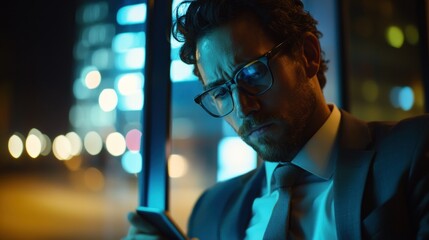 Man in Suit Uses Smartphone at Night