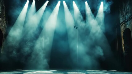 Poster - Smoke filling an empty stage illuminated blue lights, creating a dramatic and atmospheric setting background video 4k