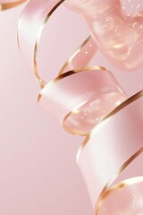 Poster - Flowing golden ribbons intertwine with gentle pink satin textures, illuminated by sparkling light effects against a soft gradient background, creating an elegant and celebratory ambiance