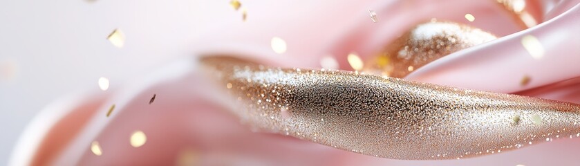 Poster - Flowing golden ribbons intertwine with soft pink satin, enhanced by sparkling light effects against a smooth gradient background, ideal for celebrations or elegant themes