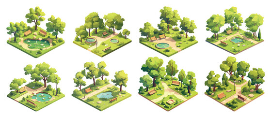 Poster - parks isometric. city square landscape 3d set, pond benches trees summer green park vector illustrat