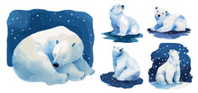 polar bears watercolor. bear on blue starry sky, snowflakes winter polar cute animal little child children s fairy tale postcard vector illustration