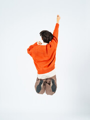 Poster - jump, woman, casual, back, rear view, leap, energy, cheer, middle age, housewife, mom, fashion, start, goal, challenge, fist pump, achievement, success, pass, qualification, exam,