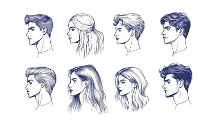 Poster - Woman and man face line icons. Female male profile outline symbols with different hairstyles. Vector people avatars isolated. Character person portrait, male and female outline illustration