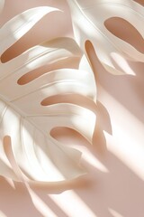 Poster - Large glossy Monstera leaves with natural cutouts create intricate shadows on a smooth pastel backdrop. The soft lighting enhances the tropical aesthetic, ideal for modern decor