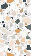 Poster - An intricate terrazzo pattern showcases a blend of soft hues and organic shapes, inviting viewers into a world of modern artistry and design. Subtle contrasts enhance its visual impact
