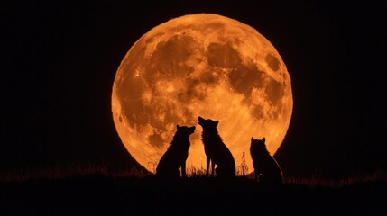  Three Wolves Silhouetted Against A Large Orange Moon
