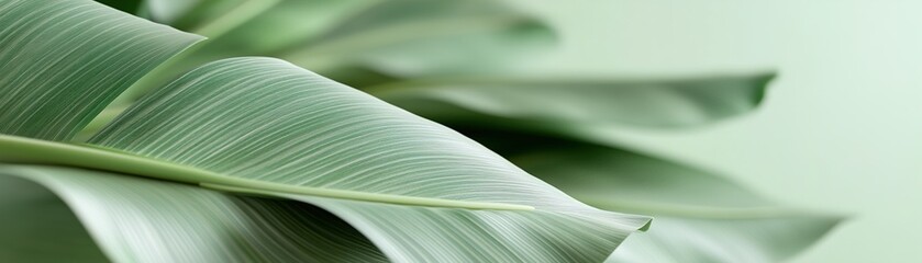 Poster - Oversized banana leaves display vibrant green hues, overlapping elegantly against a soft gradient background, creating a lush and tranquil setting ideal for design projects