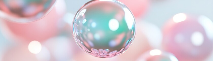 Poster - Delicate bubbles in soft pastel hues of blue, pink, and green drift calmly through the air, creating a serene atmosphere ideal for relaxation and creative inspiration